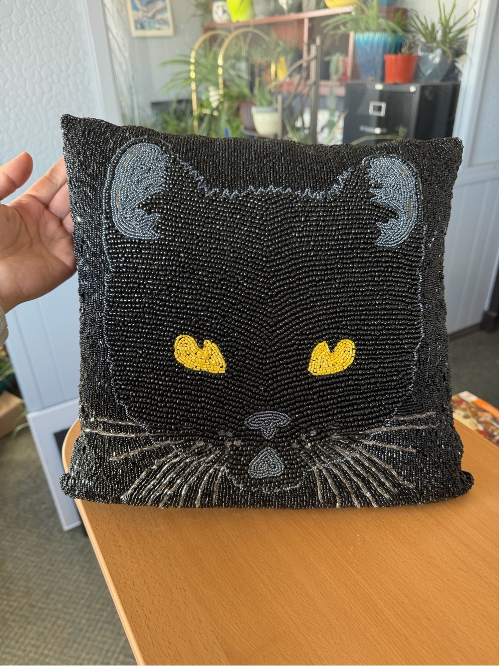 Black Beaded Cat Throw Pillow
